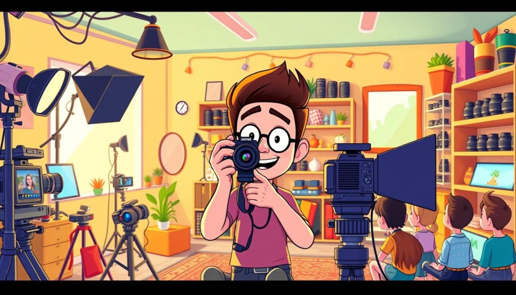 A vibrant, animated photography studio vlog showcasing a behind-the-scenes look at the creative process. The foreground features a charismatic vlogger in a cozy, well-lit setting surrounded by professional-grade camera equipment, lighting fixtures, and various photographic props. The middle ground depicts the vlogger enthusiastically demonstrating camera techniques and photo editing software to an engaged audience. The background showcases a colorful, whimsical studio space filled with quirky decor, shelves of camera lenses, and a large window offering natural light. The overall mood is playful, informative, and visually captivating, inviting the viewer to immerse themselves in the world of photography.