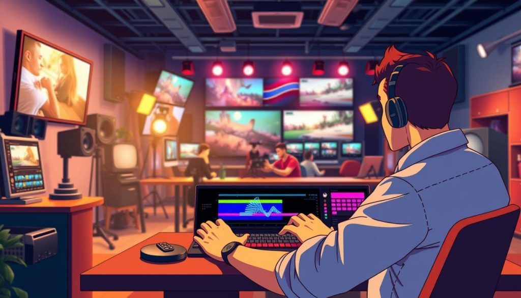 A vibrant, animated scene depicting the art of video editing. In the foreground, a skilled editor sits before a sleek, state-of-the-art editing suite, their hands deftly manipulating video clips and layers. The middle ground features a backdrop of creative visual effects, with dynamic transitions and color grading techniques bringing the footage to life. In the background, a bustling studio environment with various production equipment and a team of collaborators, all working together to craft a captivating final product. The lighting is warm and focused, highlighting the passion and attention to detail inherent in the video editing process. An atmosphere of creativity, innovation, and technical mastery permeates the scene, perfectly capturing the essence of the "نکات مهم در ویرایش ویدیوها" section. A vibrant, animated scene depicting the art of video editing. In the foreground, a skilled editor sits before a sleek, state-of-the-art editing suite, their hands deftly manipulating video clips and layers. The middle ground features a backdrop of creative visual effects, with dynamic transitions and color grading techniques bringing the footage to life. In the background, a bustling studio environment with various production equipment and a team of collaborators, all working together to craft a captivating final product. The lighting is warm and focused, highlighting the passion and attention to detail inherent in the video editing process. An atmosphere of creativity, innovation, and technical mastery permeates the scene, perfectly capturing the essence of the "نکات مهم در ویرایش ویدیوها" section.
