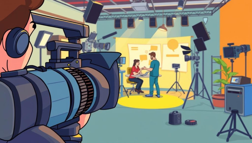 A vibrant, animated scene depicting the key elements of filmmaking and content creation. In the foreground, a camera operator frames a dynamic shot, their lens capturing the action with precision. In the middle ground, a team of creators collaborate, brainstorming ideas and refining their storyboard. The background features a variety of filmmaking equipment, including lighting setups and audio gear, all working in harmony to bring the vision to life. The overall atmosphere is one of creativity, excitement, and a touch of whimsy, with cartoon-style illustrations bringing a playful, accessible feel to the image.