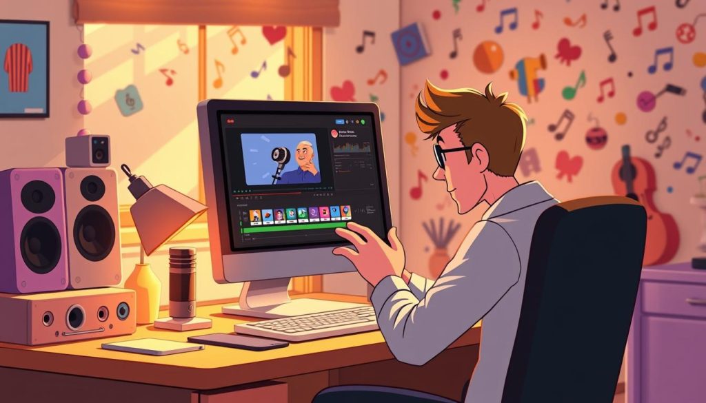 A vibrant, animated scene of a person sitting at a desk, intently focused on editing a video on a computer screen. The workspace is adorned with playful cartoon elements, such as colorful icons, swirling musical notes, and a stylized microphone. Warm, natural lighting filters in, creating a cozy, inviting atmosphere. The figure's hands gracefully manipulate the video editing software, their face reflecting the concentration and creativity of the task at hand. In the background, a playful array of music-themed illustrations, including speakers, musical instruments, and dancing cartoon characters, create a lively, energetic environment. A vibrant, animated scene of a person sitting at a desk, intently focused on editing a video on a computer screen. The workspace is adorned with playful cartoon elements, such as colorful icons, swirling musical notes, and a stylized microphone. Warm, natural lighting filters in, creating a cozy, inviting atmosphere. The figure's hands gracefully manipulate the video editing software, their face reflecting the concentration and creativity of the task at hand. In the background, a playful array of music-themed illustrations, including speakers, musical instruments, and dancing cartoon characters, create a lively, energetic environment.