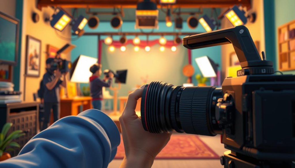 A vibrant, animated scene showcasing the art of filmmaking. In the foreground, a camera operator frames a dynamic shot, their lens capturing the action with precision. The middle ground features a lighting crew, deftly adjusting the illumination to create a warm, cinematic ambiance. In the background, a whimsical, cartoon-inspired set design sets the stage, with quirky props and vibrant colors that spark the imagination. The overall atmosphere conveys a sense of creativity, technical expertise, and the magic of bringing a vision to life through the lens.
