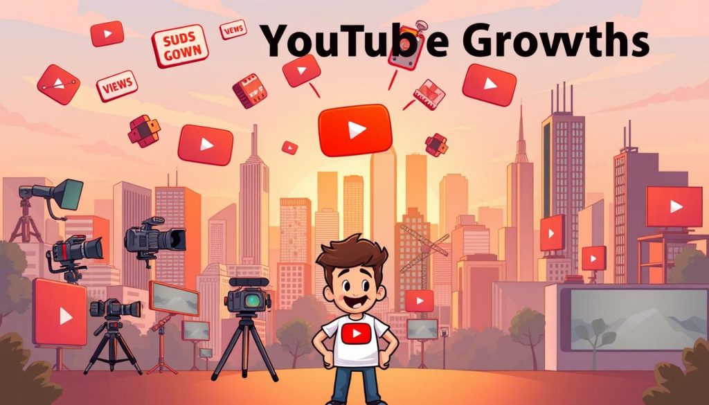 A vibrant cartoon illustration depicting YouTube growth techniques. In the foreground, a friendly YouTuber character stands enthusiastically, surrounded by floating icons representing subscriber count, video views, and engagement metrics. The middle ground features a collage of content creation tools - cameras, lighting, microphones, and video editing software. In the background, a dynamic cityscape with skyscrapers and billboards showcases the global reach and scale of the YouTube platform. Warm lighting and a playful, upbeat color palette convey the excitement and potential of growing a successful YouTube channel.