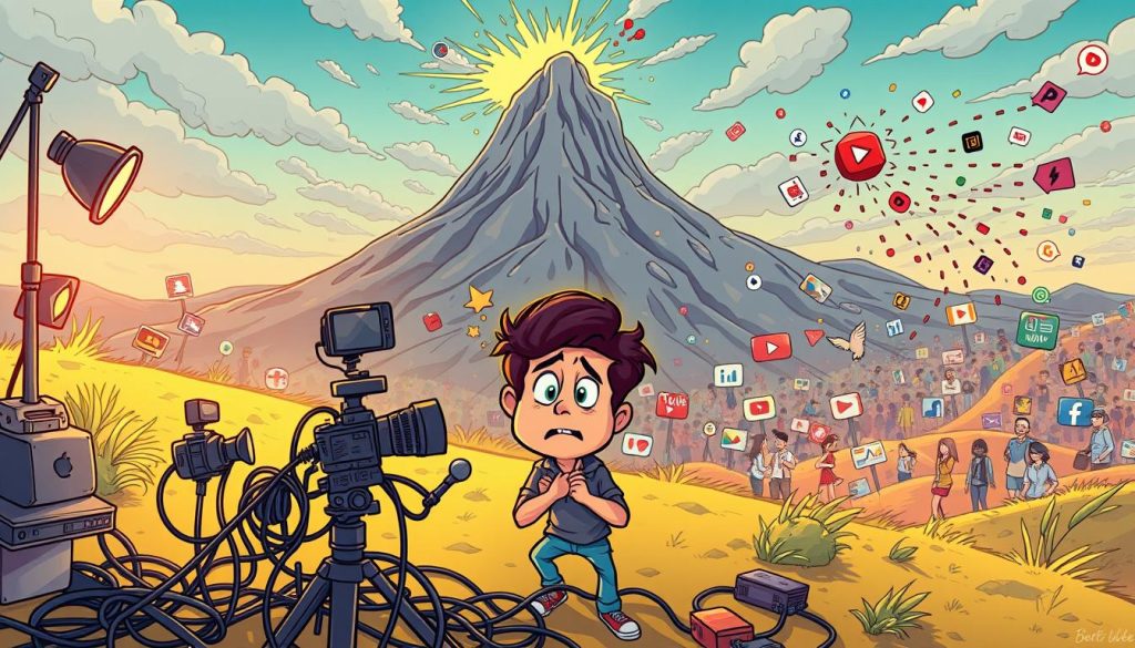 A vibrant cartoon landscape depicting the challenges faced by aspiring YouTube creators. In the foreground, a content creator grapples with a tangled web of camera cables, lighting equipment, and a malfunctioning microphone. In the middle ground, a daunting mountain of algorithms, analytics, and monetization hurdles loom large. The background showcases a chaotic social media landscape, with comments, likes, and shares swirling around like a digital tornado. The scene is illuminated by a warm, golden light, conveying the sense of determination and resilience required to navigate the complex world of YouTube. The overall mood is one of both humorous exasperation and hopeful perseverance.