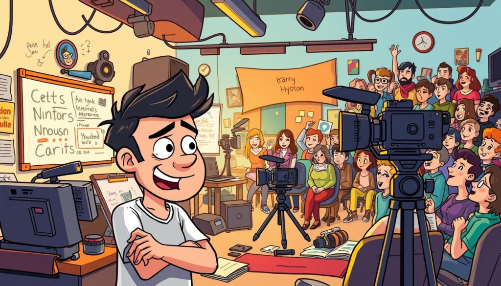 A vibrant cartoon scene depicting the challenges faced by a YouTuber in establishing an entertaining non-sports channel. The foreground shows the YouTuber, a dynamic character with an expressive face, grappling with technical issues like video editing, lighting, and camera angles. The middle ground features a bustling studio environment filled with creative clutter - camera equipment, props, and notes scribbled on whiteboards. The background showcases the YouTuber's audience, a diverse group of viewers engaged and reacting to the content. The overall mood is one of determination and creativity, with a touch of humor and whimsy to capture the spirit of the endeavor. A vibrant cartoon scene depicting the challenges faced by a YouTuber in establishing an entertaining non-sports channel. The foreground shows the YouTuber, a dynamic character with an expressive face, grappling with technical issues like video editing, lighting, and camera angles. The middle ground features a bustling studio environment filled with creative clutter - camera equipment, props, and notes scribbled on whiteboards. The background showcases the YouTuber's audience, a diverse group of viewers engaged and reacting to the content. The overall mood is one of determination and creativity, with a touch of humor and whimsy to capture the spirit of the endeavor.