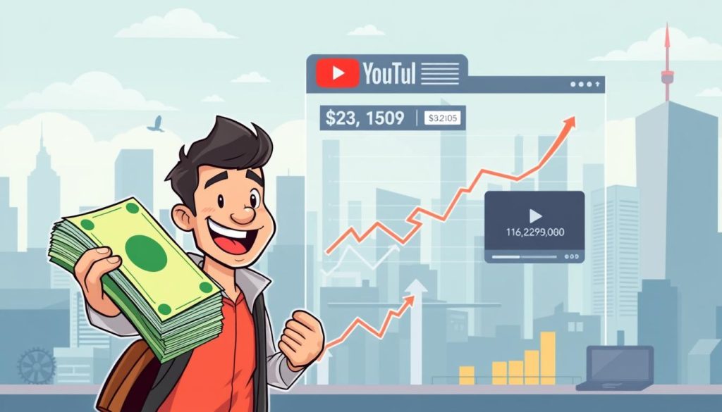 A vibrant cartoon-style illustration depicting the financial potential of a successful YouTube channel focused on mobile device repair and smart gadgets. In the foreground, a jovial YouTuber character enthusiastically presents a stack of cash, symbolizing the lucrative monetization opportunities. In the middle ground, a series of graphs and charts showcase the channel's growing viewership and revenue statistics. The background features a stylized cityscape with skyscrapers, signifying the scale and scope of the digital landscape. The overall scene conveys a sense of excitement, prosperity, and the rewards of building a thriving YouTube-based business.