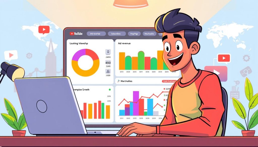 A vibrant, cartoon-style illustration of a YouTuber's revenue dashboard. In the foreground, a smiling creator sits at a desk, analyzing various analytics charts and graphs displayed on a laptop screen. The middle ground showcases a colorful pie chart, bar graph, and line graph, visualizing the channel's viewership, subscriber growth, and estimated earnings. In the background, a stylized world map and icons representing different revenue streams, such as ad revenue, sponsorships, and merchandise sales, create a sense of the broader business landscape. The scene is bathed in a warm, optimistic glow, conveying the excitement and potential of building a successful YouTube channel.
