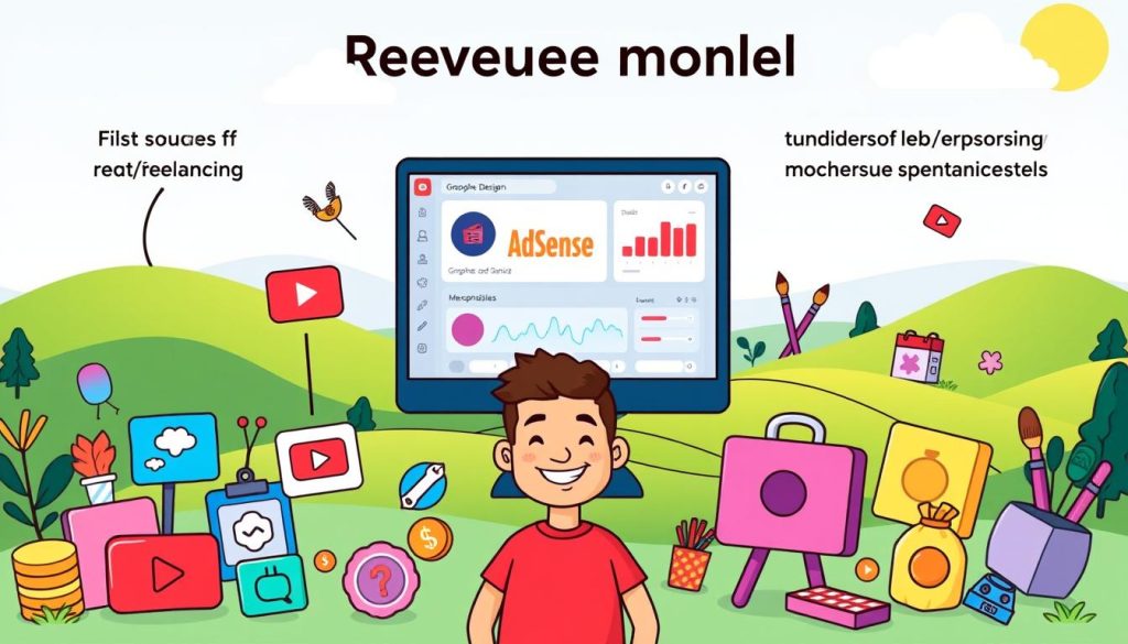 A vibrant, cartoon-style illustration of various revenue models for a YouTube channel focused on graphic design and freelancing. In the foreground, a smiling YouTuber stands amidst colorful icons representing income sources like AdSense ads, sponsorships, and merchandise sales. In the middle ground, a computer screen displays analytics and monetization data, while the background features a playful, stylized landscape of rolling hills, clouds, and creative elements like paintbrushes and design tools. The overall scene conveys a sense of opportunity, creativity, and financial success for the YouTube channel.
