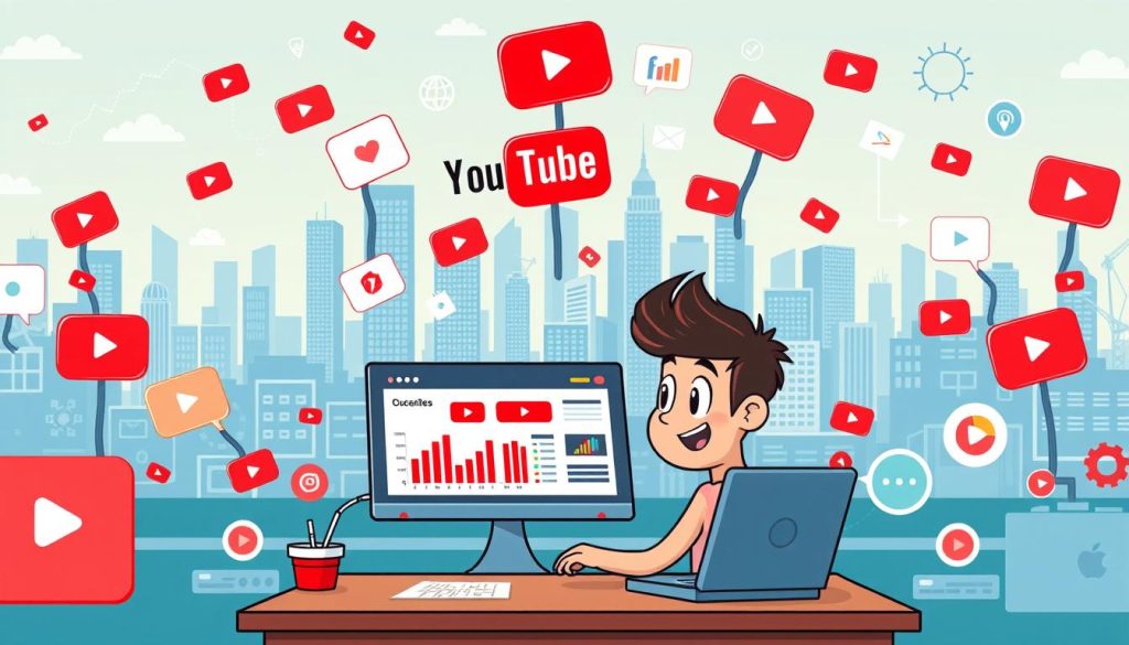 A vibrant, cartoon-style scene depicting the analysis of YouTube channel performance. In the foreground, a friendly character sits at a desk, examining charts and graphs on a laptop screen. Colorful data visualizations and icons float around, illustrating key metrics like subscriber count, view trends, and engagement rates. In the middle ground, various YouTube icons and symbols surround the central figure, creating a dynamic, tech-savvy atmosphere. The background features a stylized city skyline, with skyscrapers and digital infrastructure alluding to the broader online ecosystem. The overall mood is informative yet playful, capturing the spirit of analyzing and optimizing a YouTube channel's success.