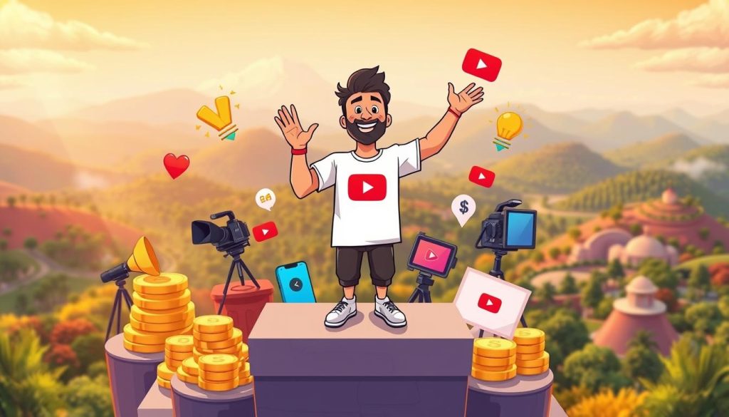 A vibrant, cartoon-style scene of a successful YouTuber standing atop a platform, surrounded by symbols of wealth, fame, and content creation. In the foreground, the YouTuber is gesturing proudly, their expression one of joy and accomplishment. The middle ground features various YouTube-related icons, such as cameras, microphones, and video thumbnails. The background showcases a backdrop of lush, colorful landscapes, with a warm, golden lighting that creates a sense of prosperity and achievement. The overall mood is one of celebration and inspiration, capturing the key elements of success in the world of YouTube.