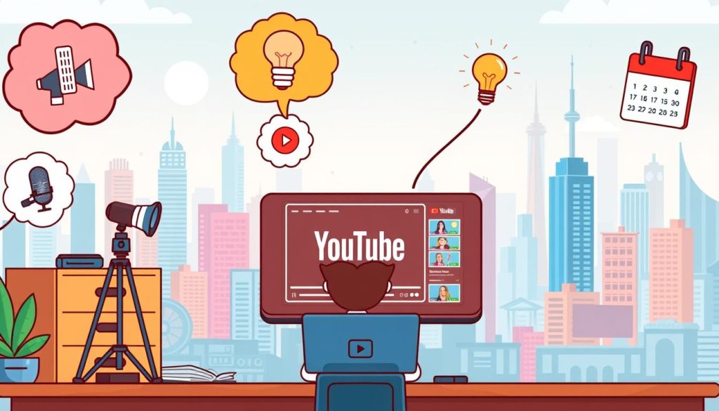 A vibrant, colorful illustration depicting the key elements for launching a successful YouTube channel. In the foreground, an animated character sits at a desk, surrounded by thoughtful icons representing essential tips - a microphone for high-quality audio, a video camera for stunning visuals, a lightbulb for creative ideas, and a calendar for consistent scheduling. The middle ground showcases a stylized YouTube interface, with a subscribing audience and engaged viewers. In the background, a dynamic cityscape filled with skyscrapers and technological elements conveys the digital landscape of the platform. The overall atmosphere is playful, informative, and visually captivating, perfectly suited to illustrate the fundamental aspects of building a thriving YouTube channel.