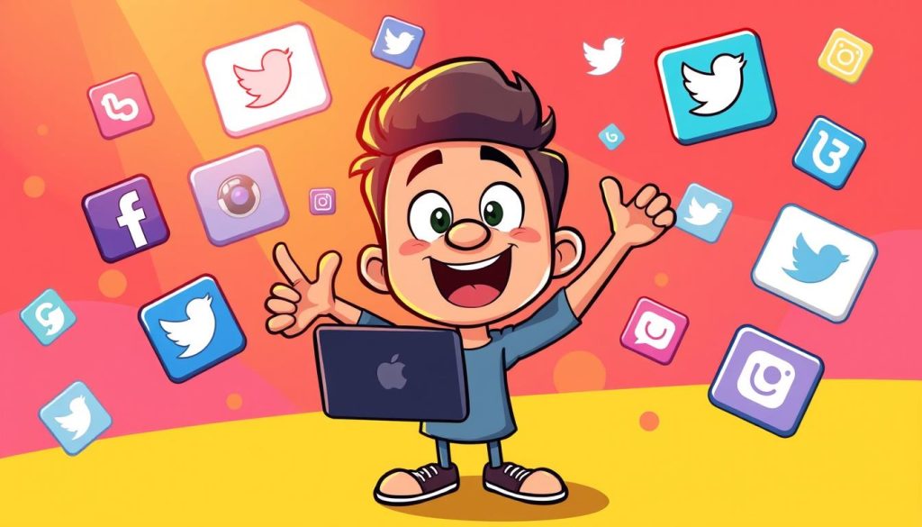 A vibrant, dynamic scene of a cartoon character enthusiastically using various social media platforms to promote their creative YouTube channel. Set against a colorful, stylized background, the character is surrounded by floating icons and symbols representing different social media networks. The character's expression conveys a sense of excitement and determination, as they leverage the power of social media to reach a wider audience and grow their online presence. The lighting is warm and inviting, creating an energetic and engaging atmosphere that captures the essence of using social media to promote a creative endeavor.