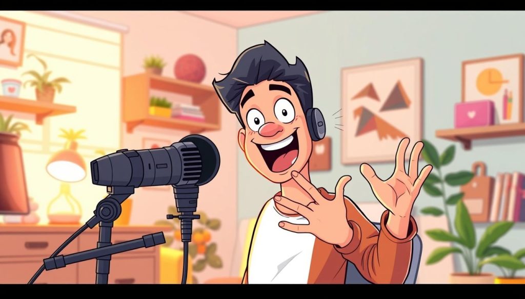 A vibrant, energetic cartoon scene depicting a YouTuber filming themselves in a cozy, well-lit home studio. The YouTuber, with an animated, expressive face and vibrant personality, is gesticulating enthusiastically while speaking into a high-quality microphone, conveying a sense of genuine connection and passion. The background features warm, inviting decor elements like shelves, plants, and personal trinkets, creating a comfortable, relatable environment. Soft, diffused lighting illuminates the scene, highlighting the YouTuber's animated features and the overall sense of authenticity and personality. The composition is dynamic, with the YouTuber positioned off-center, creating a sense of movement and energy. The overall mood is engaging, approachable, and reflective of the YouTuber's authentic, charismatic persona. A vibrant, energetic cartoon scene depicting a YouTuber filming themselves in a cozy, well-lit home studio. The YouTuber, with an animated, expressive face and vibrant personality, is gesticulating enthusiastically while speaking into a high-quality microphone, conveying a sense of genuine connection and passion. The background features warm, inviting decor elements like shelves, plants, and personal trinkets, creating a comfortable, relatable environment. Soft, diffused lighting illuminates the scene, highlighting the YouTuber's animated features and the overall sense of authenticity and personality. The composition is dynamic, with the YouTuber positioned off-center, creating a sense of movement and energy. The overall mood is engaging, approachable, and reflective of the YouTuber's authentic, charismatic persona.