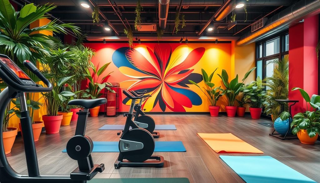 A vibrant, energetic fitness studio adorned with bold, colorful decor. The foreground features sleek exercise equipment, including a stationary bike and yoga mats, arranged in a dynamic, inviting layout. The middle ground showcases vibrant, abstract wall art in a palette of reds, yellows, and blues, creating a sense of movement and energy. The background is filled with lush, verdant plants, their greenery contrasting beautifully with the vibrant accents. Warm, directional lighting casts a soft glow, highlighting the studio's professional, high-quality design. The overall atmosphere is one of motivation, wellness, and an upbeat, Instagram-worthy aesthetic.