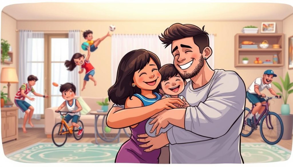 A vibrant family portrait of professional athletes engaging in playful, joyful activities together. In the foreground, a father and mother warmly embrace their children, showcasing a loving, tight-knit bond. The middle ground depicts the family participating in various sports and leisure pursuits, such as playing catch, cycling, or swimming. The background suggests a cozy, comfortable home environment, with soft, diffused lighting creating a warm, inviting atmosphere. The overall scene conveys a sense of harmony, contentment, and the importance of work-life balance in the lives of these renowned sportspeople. A vibrant family portrait of professional athletes engaging in playful, joyful activities together. In the foreground, a father and mother warmly embrace their children, showcasing a loving, tight-knit bond. The middle ground depicts the family participating in various sports and leisure pursuits, such as playing catch, cycling, or swimming. The background suggests a cozy, comfortable home environment, with soft, diffused lighting creating a warm, inviting atmosphere. The overall scene conveys a sense of harmony, contentment, and the importance of work-life balance in the lives of these renowned sportspeople.