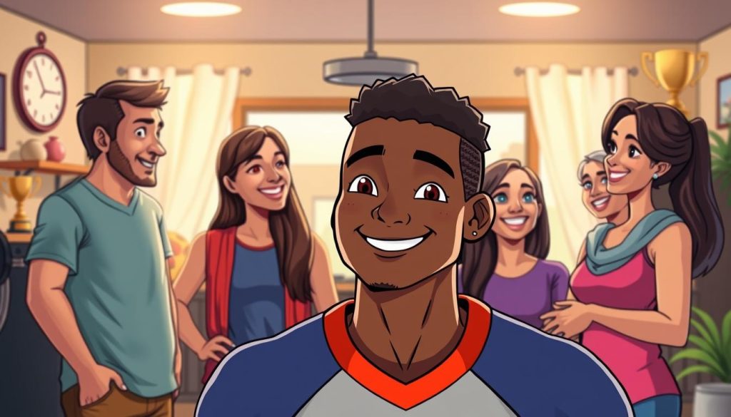 A vibrant family scene, with a professional athlete in the foreground, surrounded by their supportive loved ones. In the background, a home gym setting, filled with sports equipment and trophies, symbolizing the athlete's dedication and passion. Soft, warm lighting casts a glow, conveying a sense of comfort and unity. The family members engage in casual conversation, their expressions reflecting the athlete's emotional well-being and the positive influence of their loved ones on their career. The overall composition exudes a harmonious, encouraging atmosphere, highlighting the profound impact of family on an athlete's professional life. A vibrant family scene, with a professional athlete in the foreground, surrounded by their supportive loved ones. In the background, a home gym setting, filled with sports equipment and trophies, symbolizing the athlete's dedication and passion. Soft, warm lighting casts a glow, conveying a sense of comfort and unity. The family members engage in casual conversation, their expressions reflecting the athlete's emotional well-being and the positive influence of their loved ones on their career. The overall composition exudes a harmonious, encouraging atmosphere, highlighting the profound impact of family on an athlete's professional life.