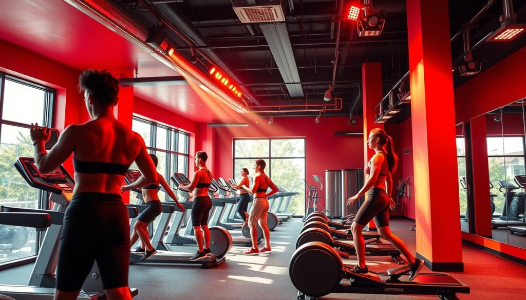 A vibrant fitness studio with dynamic lighting design. Dramatic spotlights illuminate the modern exercise equipment, casting dramatic shadows and highlighting the toned physiques of the athletes. The color palette features bold shades of red, orange, and yellow, creating an energetic and motivating atmosphere. Sleek, minimalist décor with metallic accents and clean lines. Large windows allow natural light to flood the space, complementing the artificial illumination. Carefully curated, this fitness haven exudes a sense of professionalism and excitement, inspiring visitors to push their limits and achieve their fitness goals.