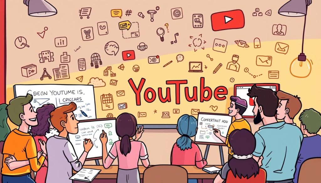 A vibrant, hand-drawn cartoon scene depicting ideas for educational YouTube video content. In the foreground, a diverse cast of animated characters brainstorm, sketching ideas on whiteboards and sharing concepts. The middle ground showcases a range of video topic icons - coding, design, tutorials, and more. In the background, a colorful, stylized YouTube logo and platform interface provide context. Warm lighting, a playful palette, and dynamic compositions convey a sense of creativity, collaboration, and inspiration - the perfect visual to represent a thriving YouTube educational channel.