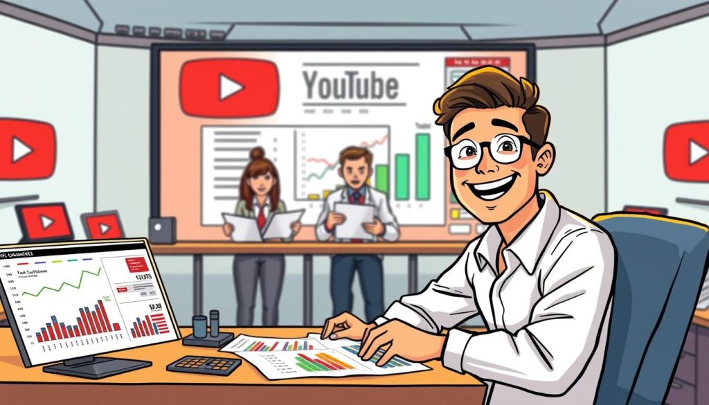 A vibrant, hand-drawn cartoon scene depicting the financial analysis of a successful YouTube channel. In the foreground, a smiling YouTuber sits at a desk, surrounded by colorful charts, graphs, and data visualizations showcasing their channel's performance metrics and revenue breakdown. In the middle ground, a team of animated assistants pore over financial documents and calculations. The background features a stylized representation of the YouTube platform, with iconic red play buttons and familiar interface elements. The lighting is warm and cheerful, capturing the excitement and satisfaction of understanding one's YouTube earnings. The overall mood is one of celebration and empowerment, inspiring the viewer to delve deeper into the intricacies of YouTube monetization.