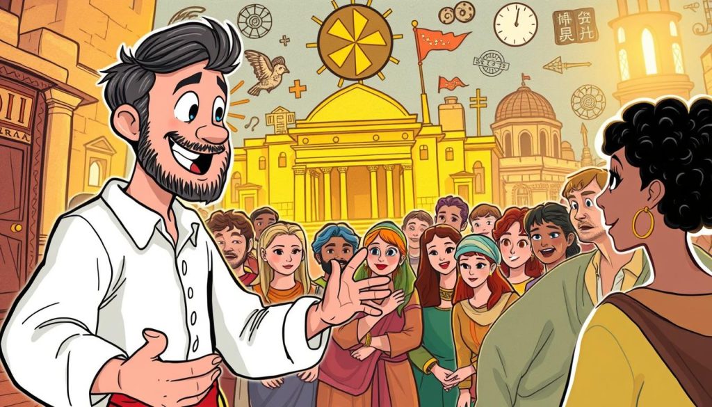 A vibrant, hand-drawn illustration depicting the creation of captivating historical content. In the foreground, an animated storyteller gestures animatedly, their face alight with passion as they weave a tale from the past. In the middle ground, a group of eager viewers listen intently, their expressions rapt. The background features a collage of historical elements - ancient architecture, artifacts, and symbols that transport the viewer to a bygone era. The lighting is warm and inviting, creating a sense of timelessness and wonder. The overall mood is one of enchantment, inspiring the viewer to embark on a journey through the rich tapestry of history. A vibrant, hand-drawn illustration depicting the creation of captivating historical content. In the foreground, an animated storyteller gestures animatedly, their face alight with passion as they weave a tale from the past. In the middle ground, a group of eager viewers listen intently, their expressions rapt. The background features a collage of historical elements - ancient architecture, artifacts, and symbols that transport the viewer to a bygone era. The lighting is warm and inviting, creating a sense of timelessness and wonder. The overall mood is one of enchantment, inspiring the viewer to embark on a journey through the rich tapestry of history.