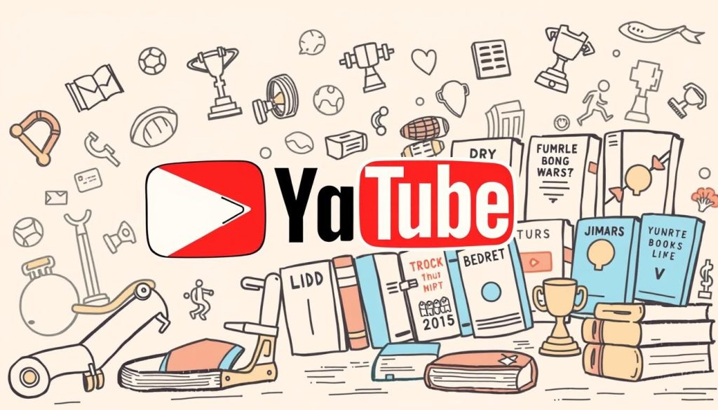 A vibrant, hand-drawn illustration of a strong, iconic brand identity for a YouTube channel focused on sharing the favorite books of athletes. The foreground features a dynamic, modern logo design with bold typography and sleek, minimalist shapes that convey a sense of athleticism and intellectual engagement. The middle ground showcases a diverse array of book covers, each with a unique visual style, representing the channel's eclectic library. The background depicts a stylized, energetic scene with sketched athletic equipment, trophies, and other symbolic elements that evoke the world of sports and personal growth. The overall aesthetic is playful, inspiring, and visually cohesive, reflecting the channel's mission to connect readers, athletes, and book enthusiasts.