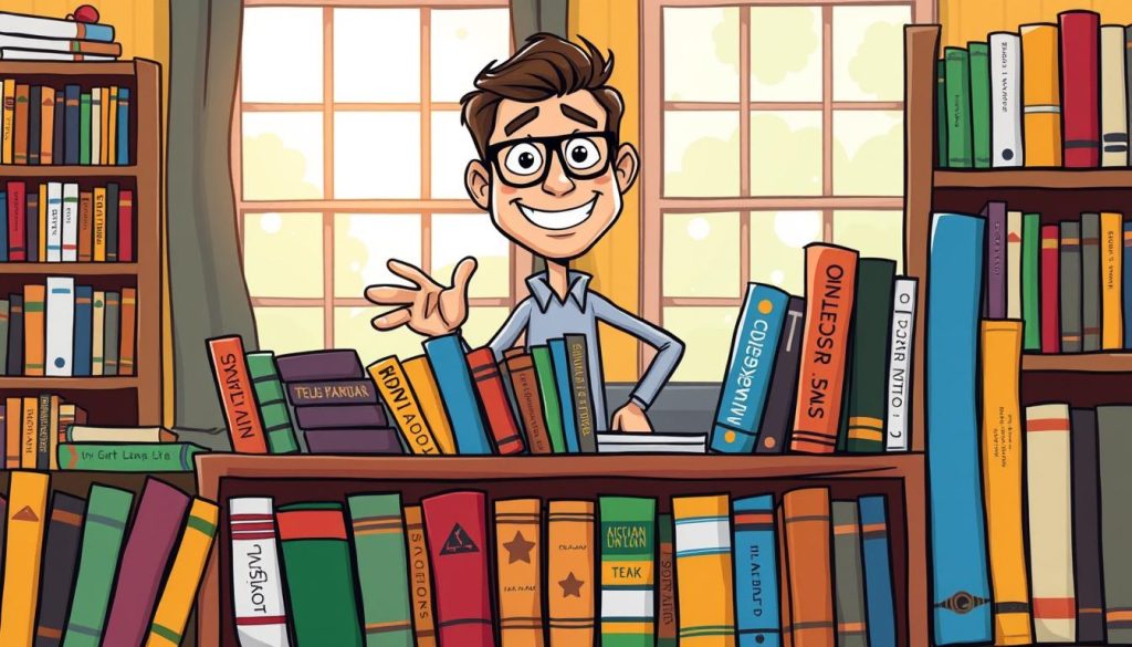 A vibrant, hand-drawn illustration showcasing a well-stocked bookshelf in the foreground, filled with colorful book spines on various sports-related topics. In the middle ground, a personable, animated character stands proudly, gesturing toward the books, their expression radiating expertise and authority. The background depicts a cozy, warm-toned study or home office setting, with a large window letting in natural light and highlighting the books. The overall scene conveys a sense of credibility, enthusiasm, and a passion for sharing knowledge about athletic literature.