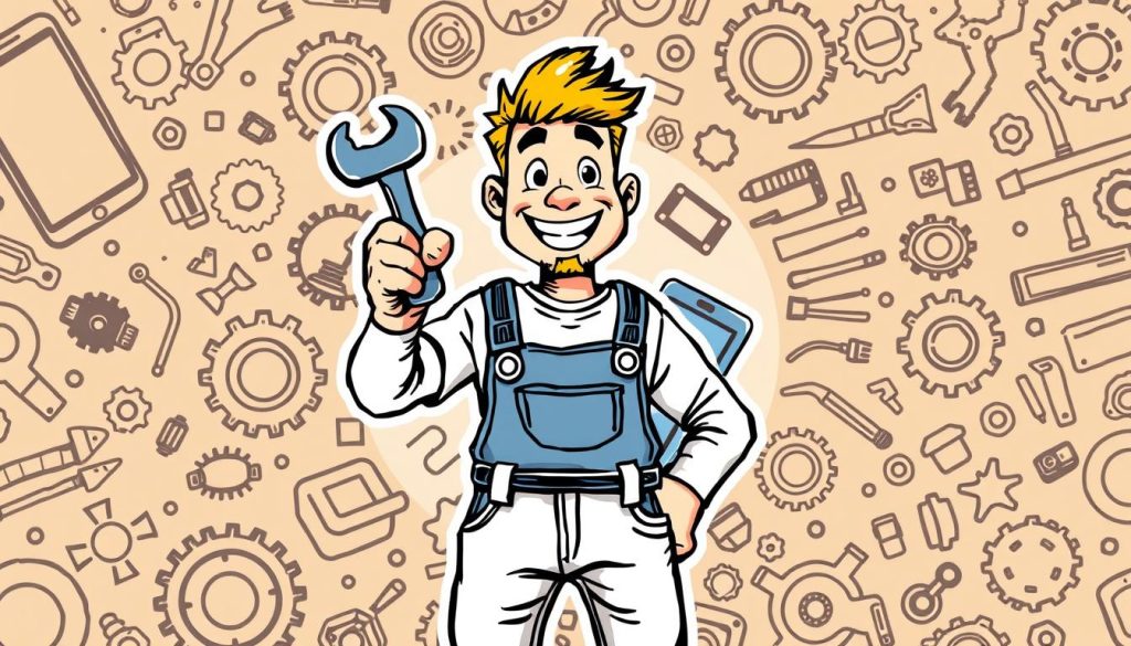 A vibrant, hand-drawn logo design for a mobile and smart device repair YouTube channel. In the foreground, a friendly cartoon mechanic in overalls and a tool belt, grease-stained but smiling, holds up a wrench. The middle ground features a stylized smartphone and tablet, rendered in a bold, graphic style. The background is a dynamic pattern of gears, circuit boards, and repair tools, all in a warm, earthy color palette. The overall impression is one of expertise, creativity, and a welcoming, approachable brand identity.