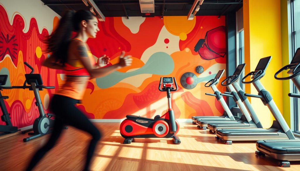 A vibrant, high-energy fitness studio with a playful, colorful theme. The foreground features a dynamic fitness instructor leading a class, their movements captured in a blur of motion. The middle ground showcases state-of-the-art exercise equipment in bold, contrasting hues. The background depicts a lively, abstract mural in a palette of vibrant reds, oranges, and yellows, creating an immersive, energetic atmosphere. Soft, directional lighting casts dramatic shadows, emphasizing the athletic poses and adding depth. The overall composition conveys a professional, visually striking fitness studio design that inspires an upbeat, motivational mood.