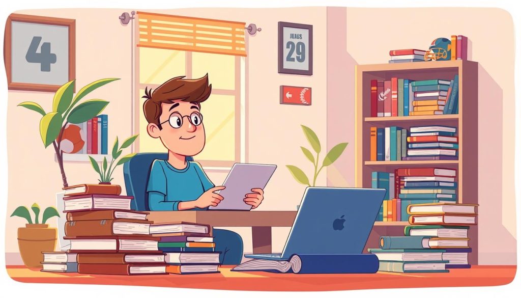 A vibrant illustration depicting a cozy study space where a content creator sits at a desk, surrounded by stacks of books and a laptop. The scene is illuminated by warm, natural lighting filtering through a window, creating a serene and inviting atmosphere. In the foreground, the content creator is engrossed in the process of reviewing and critiquing a sports-themed book, their expression one of deep concentration and thoughtfulness. The middle ground features a bookshelf filled with a diverse collection of sports-related literature, hinting at the depth and breadth of the creator's knowledge and interests. The background showcases a minimalist, but tastefully decorated room, with subtle sports-themed accents, such as a framed jersey or a trophy, reinforcing the overall theme. The illustration should convey a sense of creativity, intellectual engagement, and a genuine passion for sharing insights about the books and their impact on the sports community.