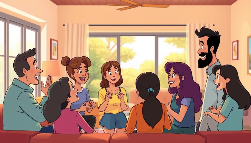 A vibrant illustration depicting a family of diverse characters engaged in a dynamic discussion, symbolizing the importance of audience interaction. The foreground features a group of expressive cartoon figures, their faces animated with a range of emotions as they gesticulate and exchange ideas. The middle ground showcases a warm, inviting living room setting, with cozy furnishings and a sense of comfort. In the background, a large window offers a glimpse of a vibrant, sun-dappled outdoor scene, suggesting an open and welcoming atmosphere. The overall mood is one of genuine connection, with the characters' body language and facial expressions conveying a sense of active listening and genuine exchange. Soft, diffused lighting imbues the scene with a sense of warmth and approachability, inviting the viewer to engage and participate in the lively conversation. A vibrant illustration depicting a family of diverse characters engaged in a dynamic discussion, symbolizing the importance of audience interaction. The foreground features a group of expressive cartoon figures, their faces animated with a range of emotions as they gesticulate and exchange ideas. The middle ground showcases a warm, inviting living room setting, with cozy furnishings and a sense of comfort. In the background, a large window offers a glimpse of a vibrant, sun-dappled outdoor scene, suggesting an open and welcoming atmosphere. The overall mood is one of genuine connection, with the characters' body language and facial expressions conveying a sense of active listening and genuine exchange. Soft, diffused lighting imbues the scene with a sense of warmth and approachability, inviting the viewer to engage and participate in the lively conversation.