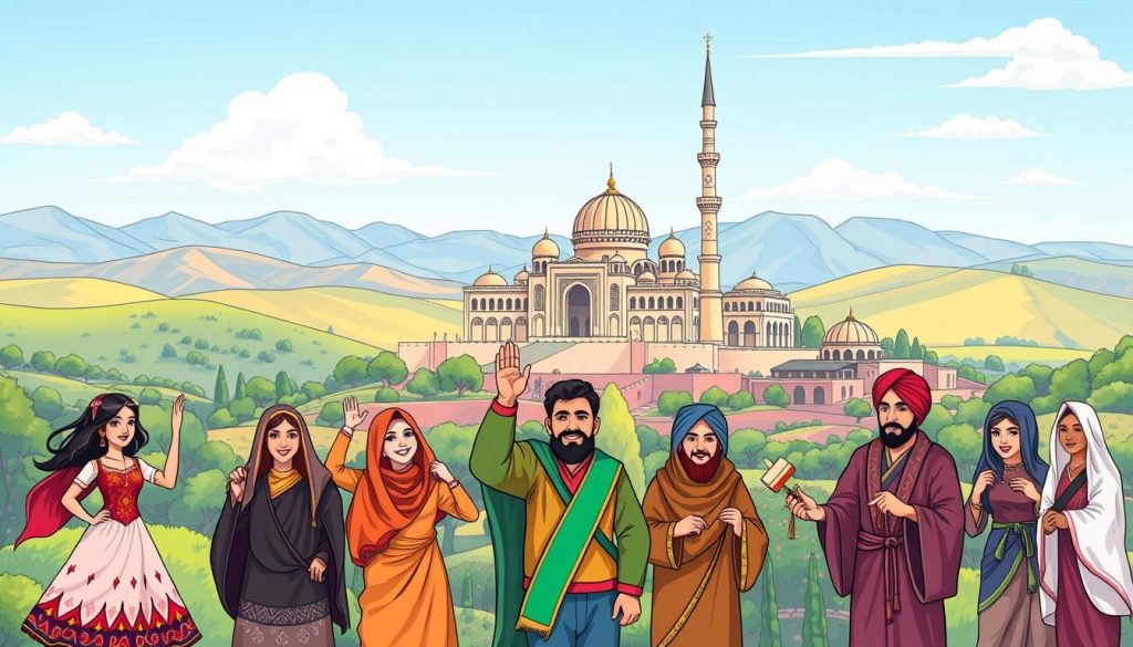 A vibrant illustration depicting successful experiences in introducing Iran's cultural heritage and traditions. The foreground showcases a group of enthusiastic people, each representing a different aspect of Iranian culture, such as a traditional dancer, a calligrapher, and a craftsperson. In the middle ground, a stunning historical monument, perhaps a grand palace or a centuries-old mosque, stands tall, exuding a sense of timeless elegance. The background features a lush, colorful landscape, with rolling hills, verdant trees, and a clear, azure sky, creating a serene and inviting atmosphere. The overall scene conveys a sense of pride, wonder, and a deep appreciation for the rich tapestry of Iran's cultural legacy.