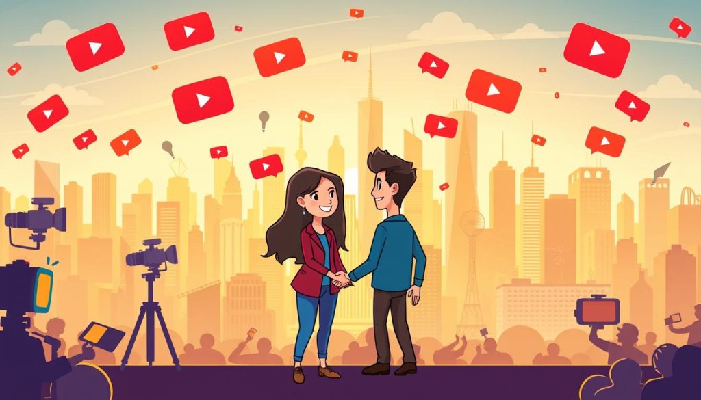 A vibrant illustration depicting the importance of collaboration on YouTube. The foreground features two animated YouTuber characters shaking hands, symbolizing their partnership. They are surrounded by a middle ground of YouTube icons, like cameras, microphones, and subscriber counters, emphasizing the platform's collaborative nature. In the background, a lively cityscape with skyscrapers and landmarks represents the thriving YouTube community. The scene is illuminated by warm, golden lighting, creating a welcoming and collaborative atmosphere. The overall composition conveys the synergy and mutual benefits that can arise from YouTubers working together.