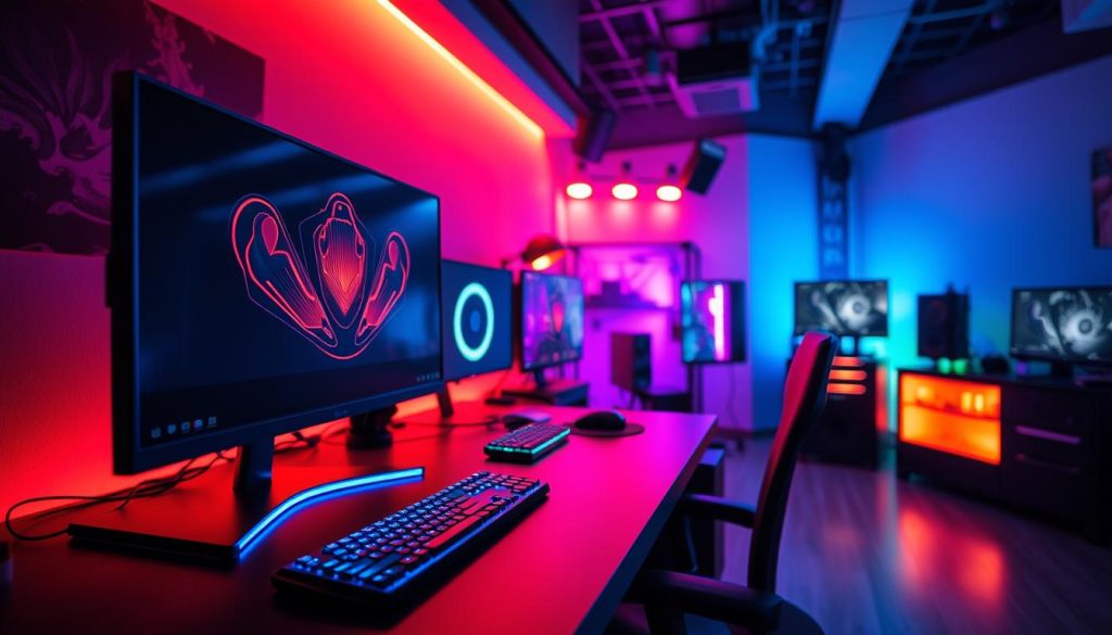A vibrant, immersive gaming setup featuring a dynamic color scheme tailored to the genre. In the foreground, a sleek gaming desk with a high-end monitor, keyboard, and mouse in complementary hues. The middle ground showcases RGB-illuminated peripherals, casting a captivating glow. In the background, a professional-grade lighting setup bathes the scene in a cinematic, moody ambiance, perfectly suited for the gaming experience. The overall design exudes a sense of balance, creativity, and attention to detail, creating an alluring and engaging environment for the gamer.