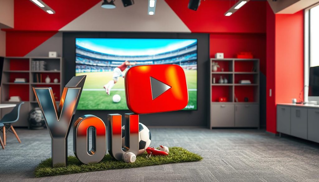 A vibrant, modern YouTube-inspired football decor adorns the space. In the foreground, a sleek, metallic YouTube logo stands tall, its iconic red play button shimmering under warm, directional lighting. Behind it, a dynamic arrangement of football elements - a ball, cleats, and referee whistles - create a visually engaging focal point. The middle ground features a large, high-definition screen displaying a football match, its crisp imagery immersing the viewer. In the background, a subtle gradient of YouTube's signature red and white hues creates a cohesive, branded atmosphere, complemented by minimalist shelving and sleek, angular furniture. The overall design exudes a professional, tech-savvy ambiance, perfectly suited for a specialized football-themed YouTube space.