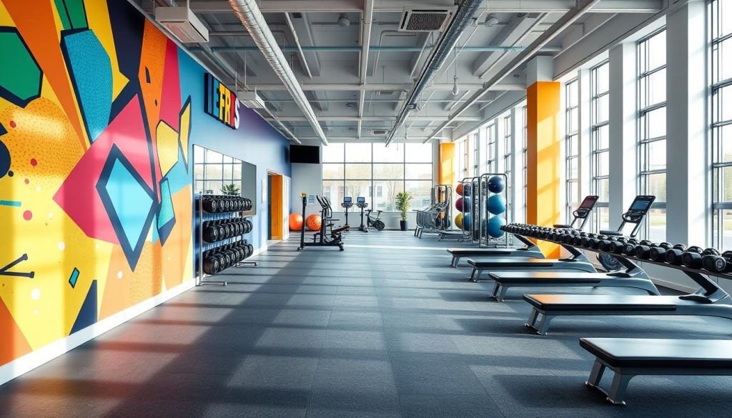 A vibrant, modern fitness studio with a mix of energetic colors and dynamic decor elements. The foreground features a large, colorful mural with abstract shapes and patterns, serving as a visually striking focal point. The middle ground showcases various fitness equipment, including free weights, exercise balls, and sleek, minimalist workout benches. The background reveals a clean, minimalist space with large windows allowing natural light to flood the room, creating a bright and airy atmosphere. The overall design exudes a sense of motivation, movement, and a passion for health and wellness.