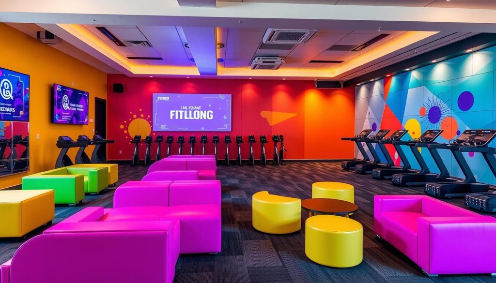A vibrant, modern fitness studio with interactive branding elements. The foreground features sleek, modular furniture in bold primary colors, arranged in a dynamic layout that encourages engagement. The middle ground showcases wall-mounted display screens showcasing the studio's logo and messaging, while the background features a playful mural with geometric shapes and splashes of color. Warm, diffused lighting illuminates the space, creating an energetic yet inviting atmosphere. The overall design seamlessly integrates the studio's brand identity, fostering a visually appealing and immersive fitness experience.