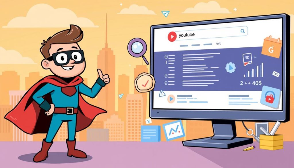 A vibrant, playful illustration showcasing effective SEO tactics for YouTube videos. In the foreground, a cartoon character in a superhero-style costume stands confidently, gesturing towards a computer screen displaying a search engine results page. The middle ground features various SEO-related icons and symbols, such as magnifying glasses, keywords, and analytics charts, all rendered in a whimsical, animated style. The background depicts a stylized cityscape, with skyscrapers and clouds in a warm, inviting color palette. The overall scene conveys a sense of dynamism, problem-solving, and the power of optimizing video content for search engine visibility.