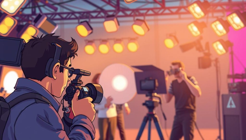 A vibrant scene of a professional videographer filming a high-quality video. In the foreground, the camera operator focuses intently, adjusting the lens and settings to capture the perfect shot. In the middle ground, a crew member holds a reflector, providing soft, even lighting that illuminates the subject. In the background, a complex array of lights and equipment suggest a well-equipped production setup. The atmosphere is one of focused intensity, with a touch of creative energy as the team works together to bring their vision to life. The overall mood is one of technical mastery and cinematic flair, reflecting the "technical aspects of high-quality video production" theme.