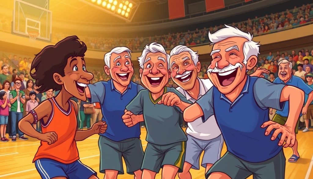 A vibrant scene of retired athletes enthusiastically reliving their glory days, with expressions of pure joy, nostalgia, and competitive spirit. The foreground showcases a group of former champions engaged in a playful yet fierce game of their sport, their movements captured in dynamic poses. The middle ground features a supportive crowd of fans and loved ones, cheering and sharing in the excitement. The background presents a classic sports arena or stadium, with warm lighting and a sense of timelessness, evoking the timeless appeal of cherished athletic memories. The overall atmosphere is one of camaraderie, celebration, and the enduring allure of the sport's most captivating moments.