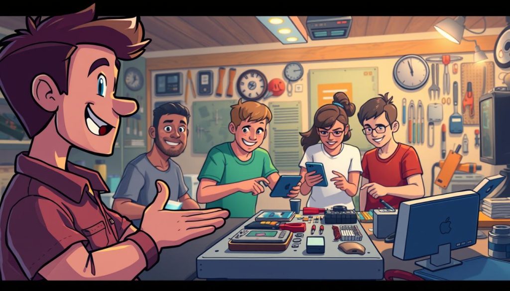 A vibrant scene showcasing a group of animated YouTubers collaborating on a tech repair project. In the foreground, a charismatic host gestures animatedly, guiding viewers through the process. In the middle ground, several supporting YouTubers work together, offering tips and suggestions. The background depicts a well-equipped workshop filled with tools and gadgets, conveying a sense of creativity and problem-solving. Soft, warm lighting illuminates the scene, creating an inviting and engaging atmosphere. The composition emphasizes the teamwork and camaraderie between the YouTubers, inspiring viewers to explore the world of mobile and smart device repair.