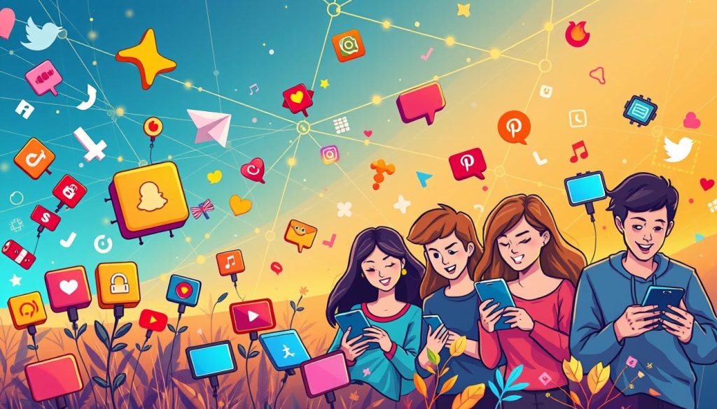 A vibrant social media landscape, where various digital platforms come to life. In the foreground, colorful cartoon icons representing popular apps and services float playfully, their shapes and designs reflecting the diversity of online interactions. The middle ground showcases a group of young adults, their faces animated and expressive, as they engage with their devices, sharing content, connecting, and exploring the boundless possibilities of the digital realm. In the background, a dynamic mesh of lines, shapes, and gradients creates a sense of motion and technology, capturing the ever-evolving nature of social media. Warm, inviting lighting and a slightly whimsical, yet modern aesthetic infuse the scene with a sense of energy and accessibility, inviting the viewer to immerse themselves in the captivating world of social media.