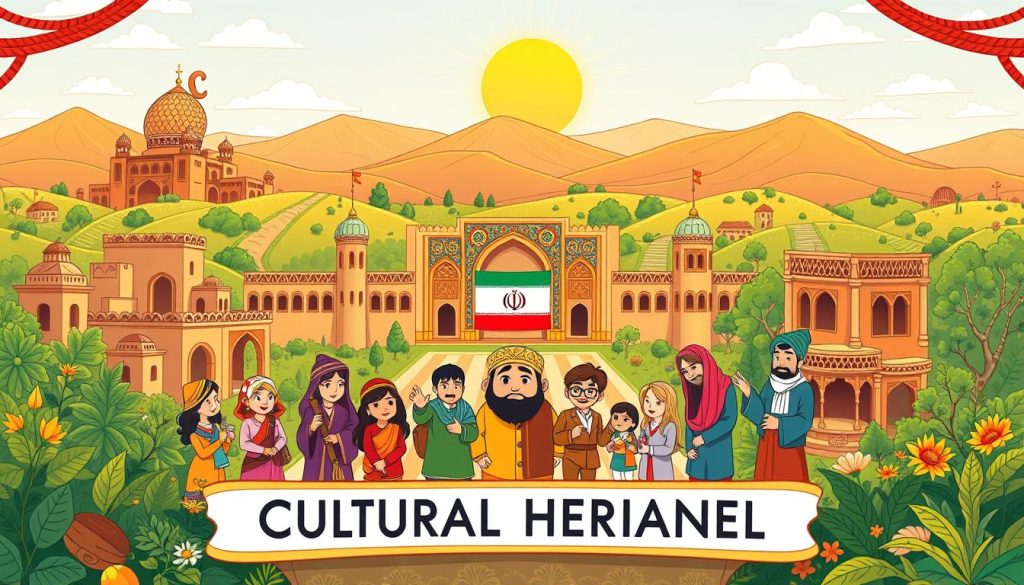 A vibrant, whimsical illustration of a "Cultural Heritage Channel" showcasing the rich tapestry of Iranian traditions and history. In the foreground, a lively cast of animated characters guide viewers through engaging vignettes of ancient artifacts, traditional crafts, and cherished customs. The middle ground features a stylized architectural backdrop, with domes, arches, and intricate patterns evoking the grandeur of Persian heritage sites. In the background, a serene landscape of rolling hills, verdant foliage, and a radiant sun set the stage for this enchanting exploration of Iran's cultural legacy. Warm, saturated colors, dynamic compositions, and a touch of playful humor create an inviting and informative visual experience.
