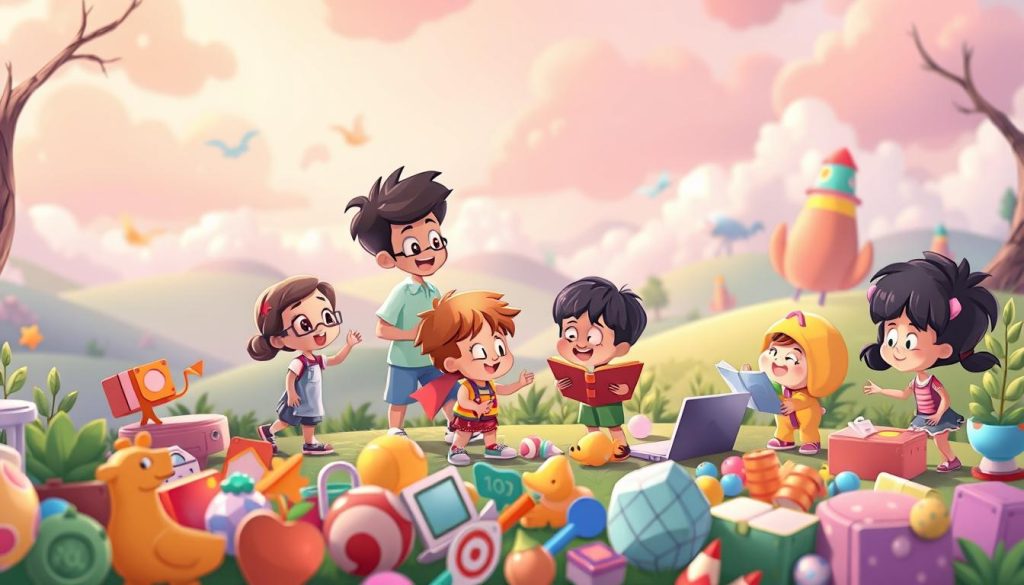 A vibrant, whimsical scene depicting the diverse content within an educational curriculum. A group of animated characters, each representing a different subject or learning module, interact playfully against a colorful, imaginative backdrop. The foreground features a variety of engaging icons and symbols, hinting at the range of topics covered. In the middle ground, the characters actively explore and engage with the content, showcasing the interactive nature of the educational materials. The background is filled with a dreamlike landscape, suggesting the boundless possibilities for learning and growth. Soft, diffused lighting creates a warm, inviting atmosphere, encouraging the viewer to immerse themselves in this dynamic educational world.