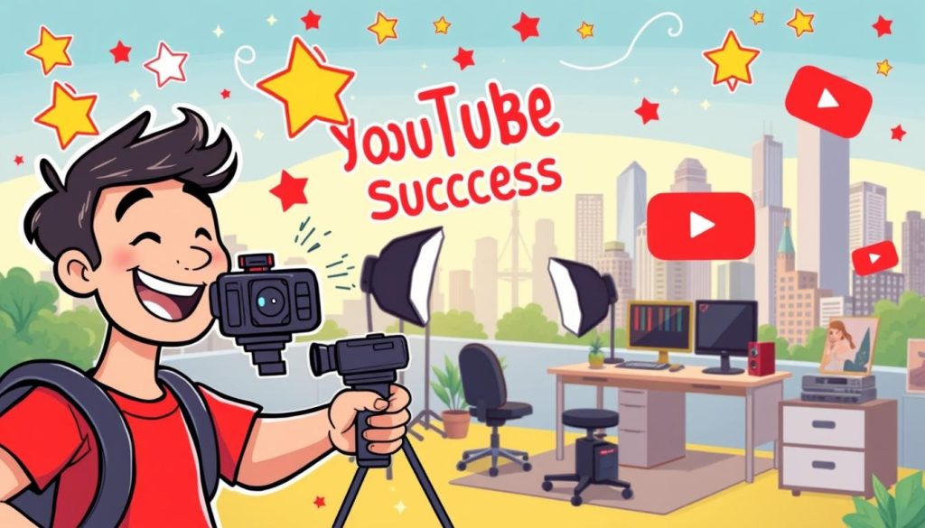 A vibrant, whimsical scene depicting the keys to YouTube success. In the foreground, a cheerful YouTuber with a video camera captures content, surrounded by swirling stars and playful cartoon icons representing views, likes, and subscribers. In the middle ground, a cozy home studio setup with softbox lighting and a well-organized desk, hinting at the importance of production quality. In the background, a cityscape with towering skyscrapers, suggesting the global reach and potential for viral growth. The overall mood is energetic, colorful, and inspiring, capturing the excitement and possibilities of building a successful YouTube channel. A vibrant, whimsical scene depicting the keys to YouTube success. In the foreground, a cheerful YouTuber with a video camera captures content, surrounded by swirling stars and playful cartoon icons representing views, likes, and subscribers. In the middle ground, a cozy home studio setup with softbox lighting and a well-organized desk, hinting at the importance of production quality. In the background, a cityscape with towering skyscrapers, suggesting the global reach and potential for viral growth. The overall mood is energetic, colorful, and inspiring, capturing the excitement and possibilities of building a successful YouTube channel.
