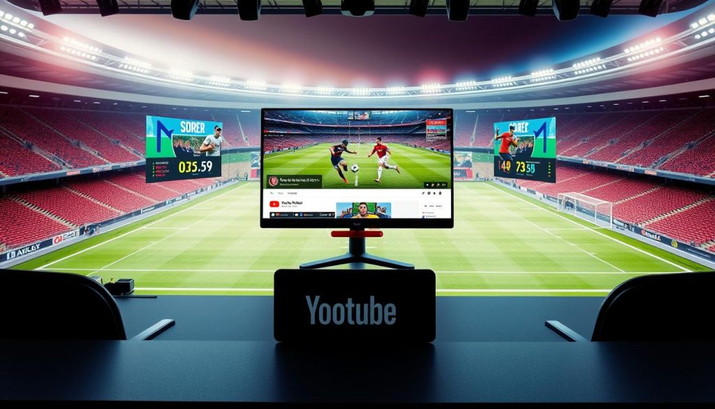 A visually striking and professional YouTube channel layout for a football-focused channel. A sleek, modern desktop setup with a large center screen displaying game highlights, flanked by dynamic data visualizations and real-time score tickers. The foreground features an elegant, minimalist branding motif with the channel name prominently displayed. The middle ground showcases camera-ready lighting, crisp resolution, and a polished overall aesthetic. The background subtly integrates thematic football elements like stadium seating, jersey patterns, or iconic stadium architecture, creating a cohesive, immersive viewing experience. The overall mood is authoritative, informative, and visually captivating, reflecting the channel's expertise in football content.
