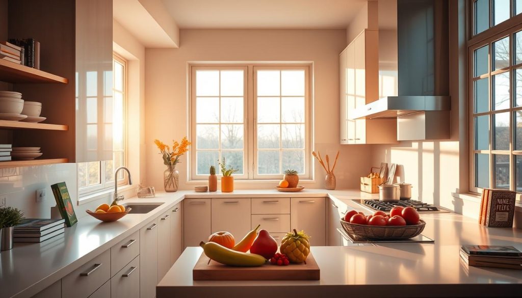 A visually striking kitchen interior, bathed in warm, natural light filtering through large windows. The countertops and cabinets feature a sleek, minimalist design in neutral tones, complemented by pops of vibrant color in the form of fresh produce, cookbooks, and strategically placed decor elements. The camera angle emphasizes the harmonious interplay between the physical space and the virtual world of YouTube, where the cooking demonstrations take place, hinting at the subtle ways in which décor can influence the algorithmic success of online content.