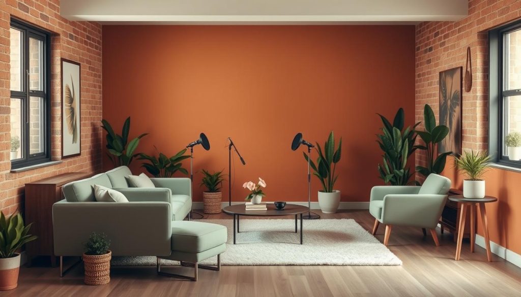 A warm, inviting color palette fills the cozy studio space. Soft, earthy tones of ochre, terracotta, and sage green create a natural, calming ambiance, complemented by the gentle glow of diffused lighting. Textured surfaces, such as exposed brick walls and a plush area rug, add depth and character to the scene. Sleek, minimalist furniture pieces in muted hues strike a balance between form and function, while an array of potted plants and natural wood accents infuse the room with a touch of organic elegance. The overall composition exudes a sense of intimacy and thoughtful design, perfectly capturing the essence of a professional, yet welcoming podcast studio.