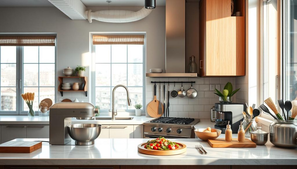 A well-designed kitchen decor set against a bright, airy backdrop with natural lighting filtering in through large windows. The counter tops are sleek and modern, complemented by a mix of stainless steel and wooden accents. Strategically placed kitchen appliances and utensils create a visually appealing and organized layout, showcasing the function and style of a professional YouTuber's cooking space. The overall atmosphere exudes a sense of warmth, creativity, and inspiration, inviting viewers to imagine themselves preparing delectable dishes in this inviting and dynamic environment.