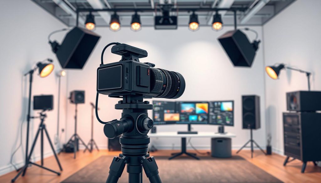 A well-equipped modern YouTube studio with professional lighting, camera, microphone, and editing software. The foreground features a sleek, high-quality camera on a tripod, with an array of lighting fixtures creating a warm, natural-looking atmosphere. In the middle ground, a high-end desktop computer with multiple displays showcases advanced video editing software. The background showcases a minimalist, clutter-free setup with clean white walls, adding a sense of focus and productivity. The overall scene conveys a sense of professionalism, attention to detail, and the necessary tools for creating high-quality YouTube content.