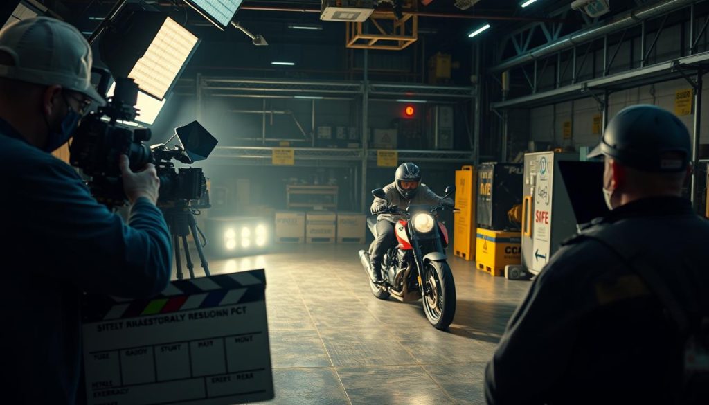 A well-lit, cinematic scene depicting on-set film production safety practices. In the foreground, a cinematographer examines a clapperboard while crew members behind them carefully position lighting fixtures and cameras. In the middle ground, a stunt performer rehearses a high-intensity motorcycle maneuver, wearing appropriate protective gear. The background shows a meticulously organized equipment staging area, with various safety signage and emergency equipment visible. The overall atmosphere conveys a sense of professionalism, attention to detail, and a commitment to maintaining a safe work environment for high-risk film activities.
