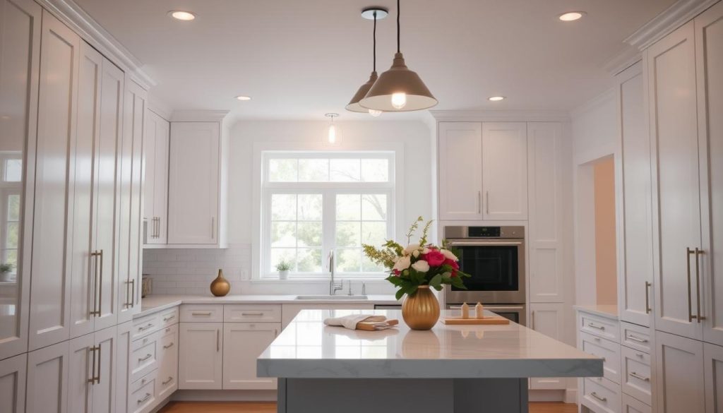 A well-lit, cozy kitchen with a modern, minimalist design. Sleek white cabinets, a central island with a marble countertop, and a large window letting in natural light. Subtle pops of color in the form of a vibrant floral arrangement and a few carefully placed decorative items, like a brass vase and some potted succulents. The lighting is a mix of recessed ceiling lights and pendant lamps, creating a warm, inviting atmosphere. The camera is positioned at a slight angle, capturing the kitchen's clean lines and elegant simplicity, ready to showcase the perfect setup for an engaging cooking video.